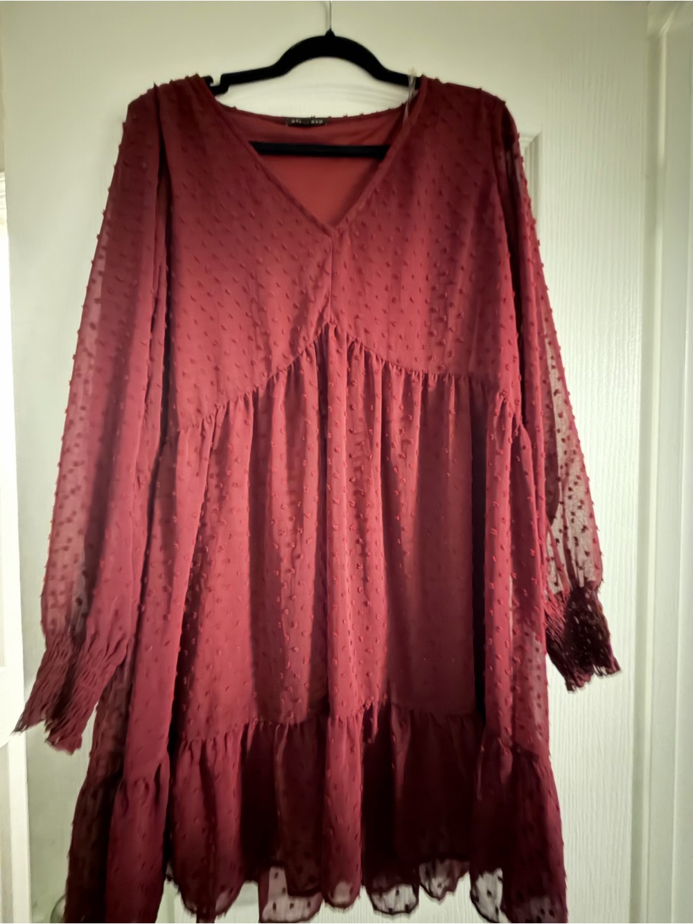 Staccato Burgundy Swiss Dot V-Neck Tiered Long Sleeve Dress
